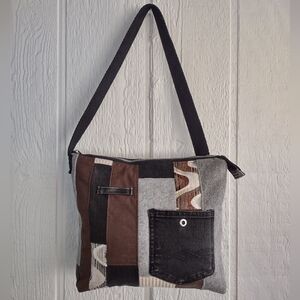 13" Upcycled Patchwork Shoulder Bag Purse Zippered Soft Fabric Quilted Handmade